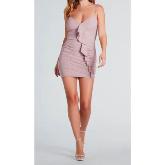 Windsor Sleeveless Sparkly Mauve Glitter Ruffle Mini Dress Sz Medium - Picture 1 of 7